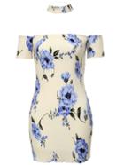 Romwe Blue And White Off The Shoulder Floral Dress