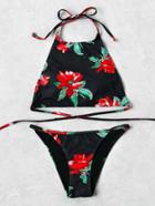 Romwe Flower Print Halter Neck Self Tie Bikini Set