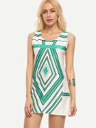 Romwe Geometric Print Shift Tank Dress - Green