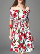 Romwe Red Off The Shoulder Elastic-waist Print Dress