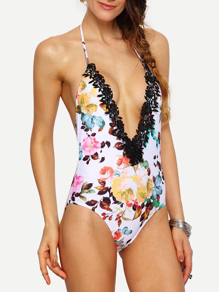 Romwe Lace Deep-v Neck Flower Print One-piece Swimwear