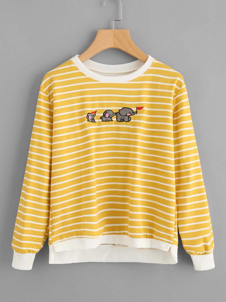 Romwe Elephant Embroidered Striped Dip Hem Sweatshirt