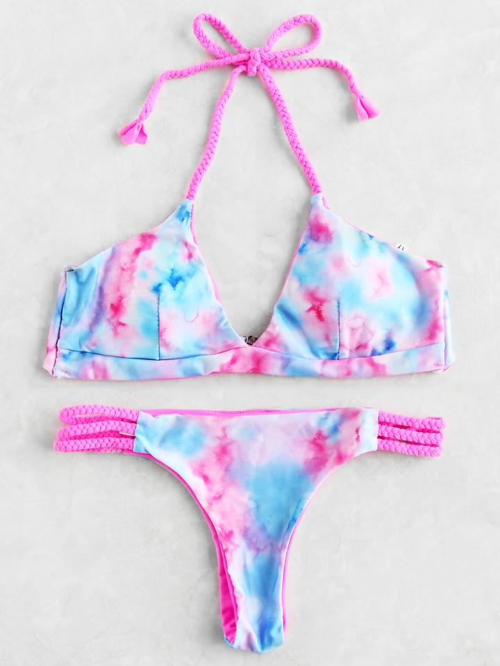 Romwe Watercolor Ladder Cutout Bikini Set