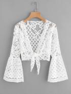 Romwe Bell Sleeve Knot Front Lace Top