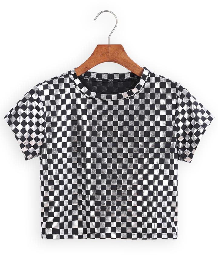 Romwe Plaid Crop Black T-shirt