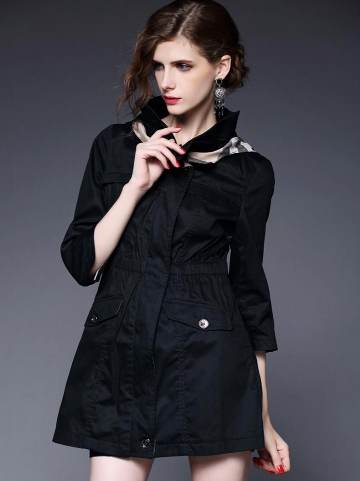 Romwe Black Length Sleeve Cap Pockets Coat
