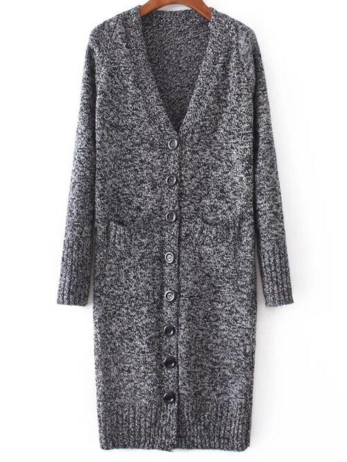 Romwe Dark Grey Button Up Front Pocket Longline Sweater Coat