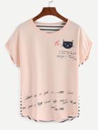 Romwe Cat Print Striped Back T-shirt - Apricot