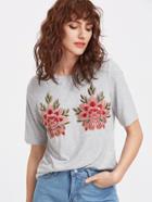 Romwe Heather Grey Embroidered Flower Applique T-shirt