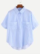 Romwe Blue Striped High Low Pocket Shirt