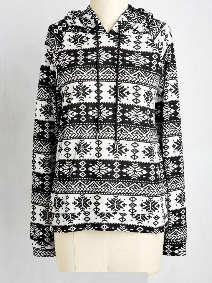 Romwe Black White Hooded Snowflake Print Sweater