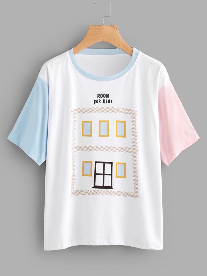 Romwe Contrast Sleeve Graphic Print Tee