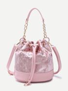 Romwe Pink Pu Trim Drawstring Velvet Bucket Bag