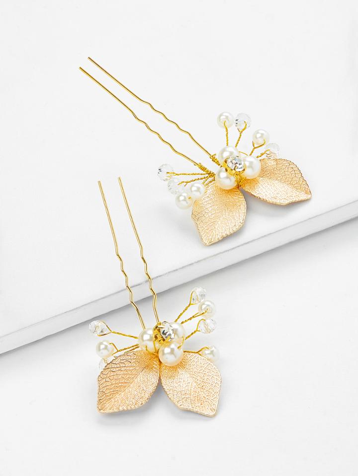 Romwe Leaf & Faux Pearl Design Hair Clip