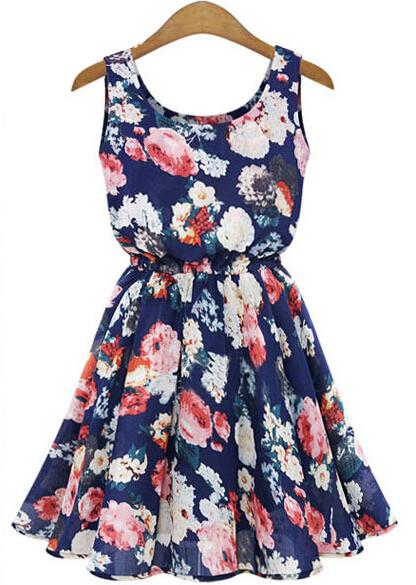 Romwe Sleeveless Floral Pleated Dress-blue