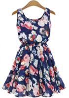 Romwe Sleeveless Floral Pleated Dress-blue