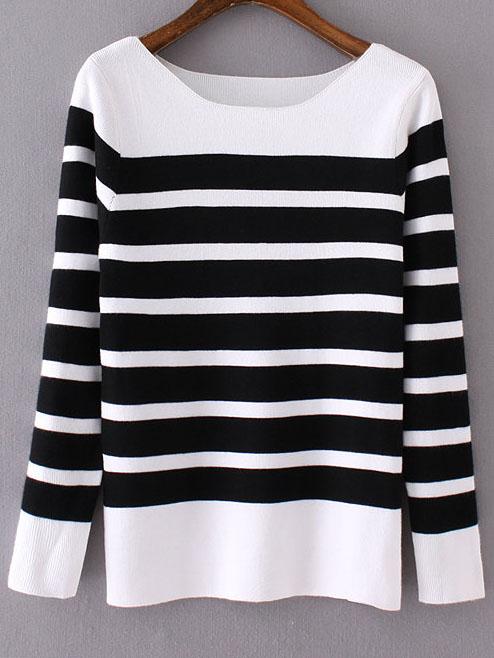 Romwe Black Square Neck Contrast Stripe Knitwear