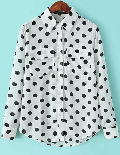 Romwe White Lapel Pockets Polka Dot Blouse
