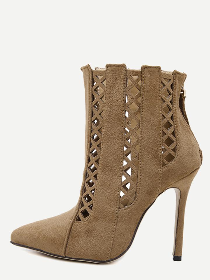 Romwe Brown Cutout Point Toe Stiletto Suede Booties
