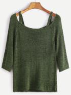 Romwe Army Green Cut Out Scoop Neck Sweater