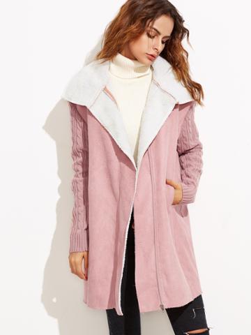 Romwe Pink Cable Knit Sleeve Faux Shearling Coat
