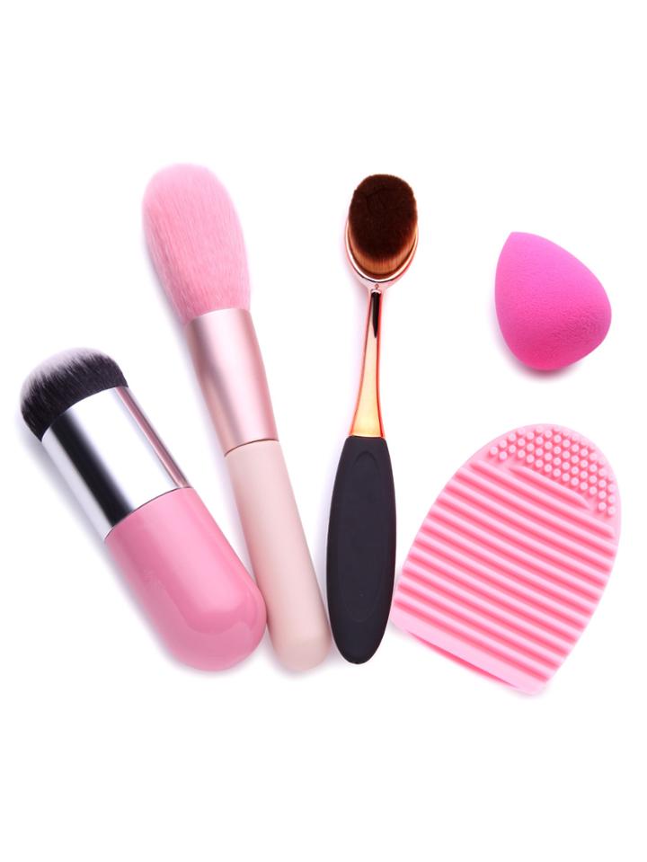 Romwe Pink Makeup Brushes Powder Puff Cleanning Tool Cosmetic Set