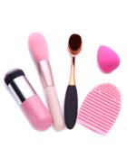 Romwe Pink Makeup Brushes Powder Puff Cleanning Tool Cosmetic Set