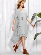 Romwe Grey Bamboo Print Roll Tab Sleeve Layered Asymmetric Dress