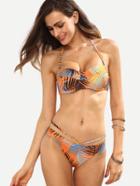 Romwe Multicolor Tropical Print Strappy Lace-up Bikini Set