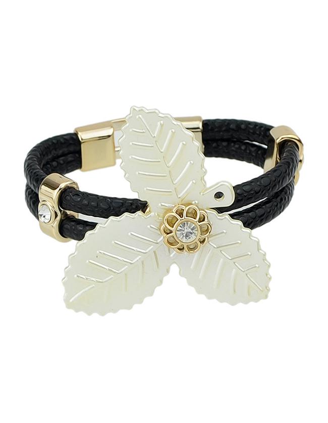 Romwe Mixed Color Gold Plated Big Clover Braided Leather Bracelet