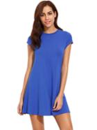 Romwe Royal Blue Short Sleeve Shirt Cut Swing Dress