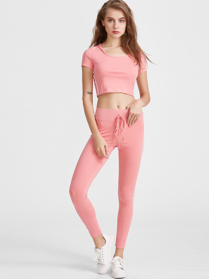 Romwe Pink Side Striped Crop Hooded T-shirt With Drawstring Leggings