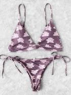 Romwe Lotus Flower Print Side Tie Triangle Bikini Set