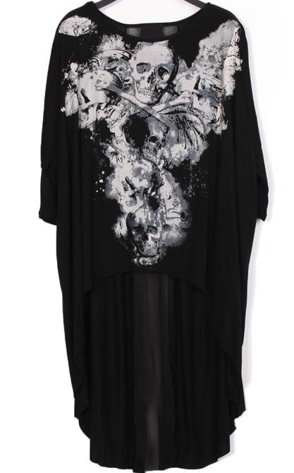 Romwe Dip Hem Skull Print Black Top