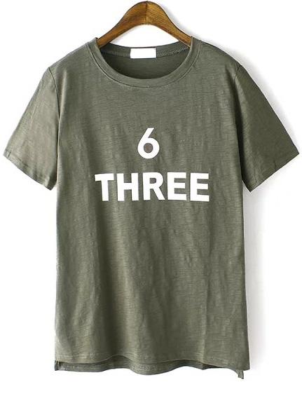 Romwe Dip Hem Letter Print Army Green T-shirt