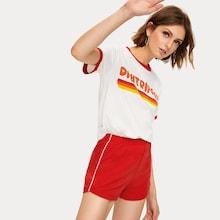 Romwe Letter Print Ringer Tee & Shorts