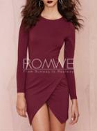 Romwe Wine Red Long Sleeve Asymmetric Bodycon Dress