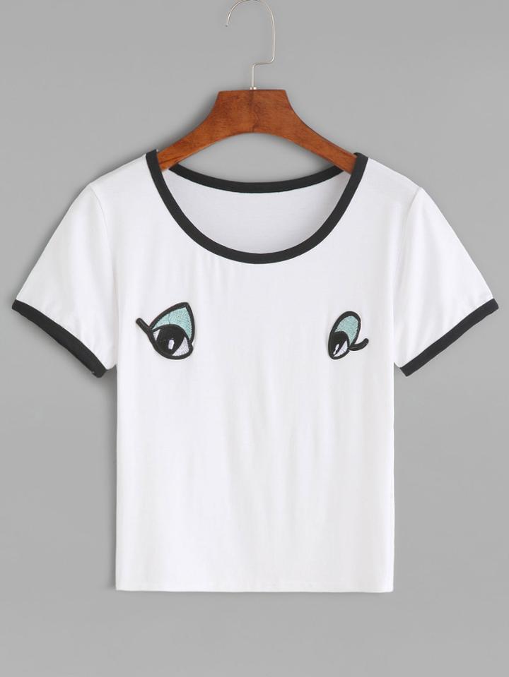 Romwe White Contrast Trim Eyes Embroidered Patch Crop T-shirt