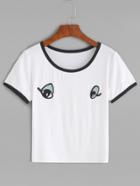 Romwe White Contrast Trim Eyes Embroidered Patch Crop T-shirt