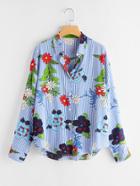 Romwe Pinstripe Floral Print Dolphin Hem Shirt