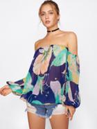 Romwe Bardot Random Print Sheer Top