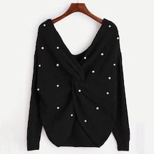 Romwe Pearl Beading Twist Detail Sweater