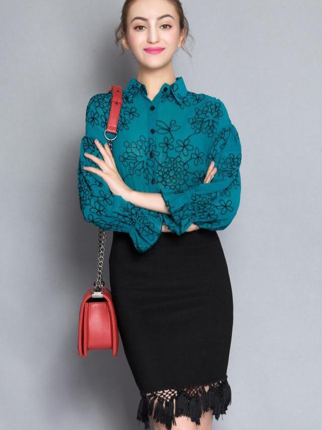 Romwe Lapel Flower Print Top With Peplum Hem Skirt