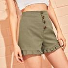Romwe Button Front Frill Hem Solid Shorts