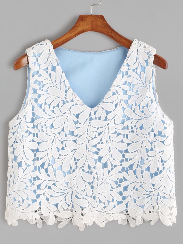 Romwe V Neck Overlay Crochet Lace Tank Top