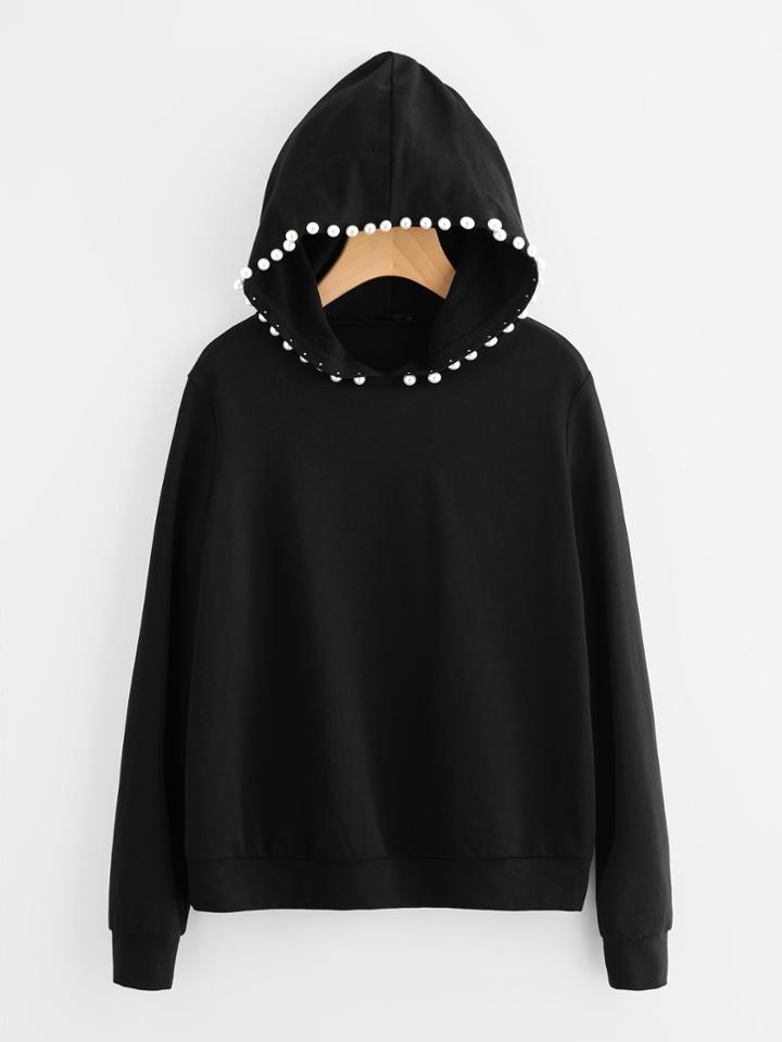 Romwe Pearl Embellished Solid Hoodie