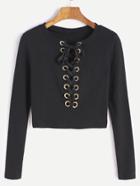Romwe Black Eyelet Lace Up Ribbed Crop T-shirt