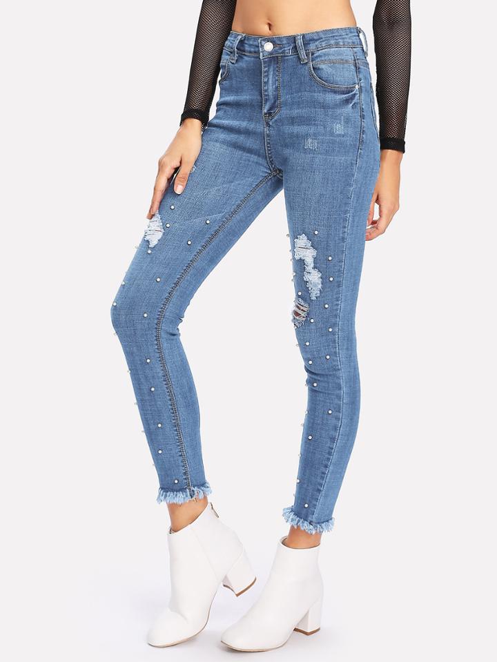 Romwe Faux Pearl Detail Frayed Hem Ripped Jeans