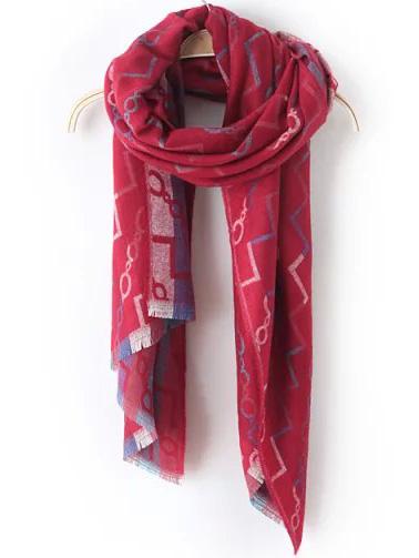 Romwe Chain Print Frayed Wine Red Scarf