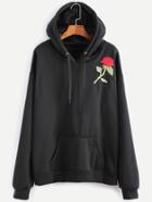 Romwe Black Rose Embroidery Drawstring Hooded Pocket Sweatshirt